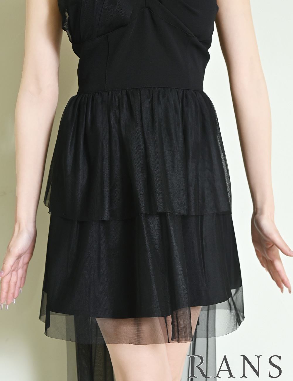 [即納][instock]【RANS】ミニ/ロング/ドレス/ワンピース/ブラック/フレア/コサージュ/ローズ/シアー