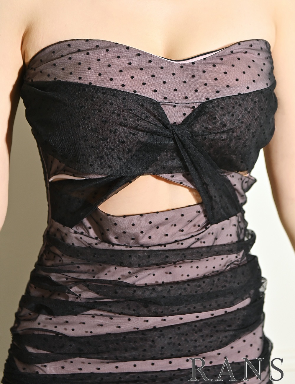 [即納][instock]【RANS】ロング/ドレス/ワンピース/ピンク/ベア/タイト/スリット/シフォン/ドレープ/ドット