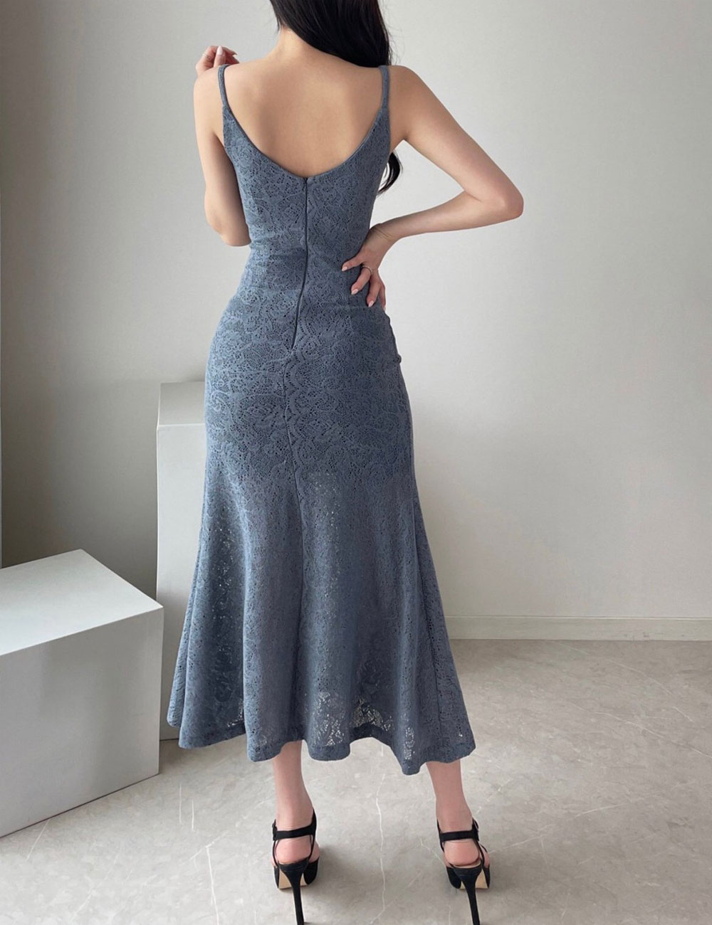 Aidmax 丈長 ドレス ワンピース ブルー レース S M 韓国 ドレス通販 Shape 丈長 公式通販 Aidmaxgirlsstyle