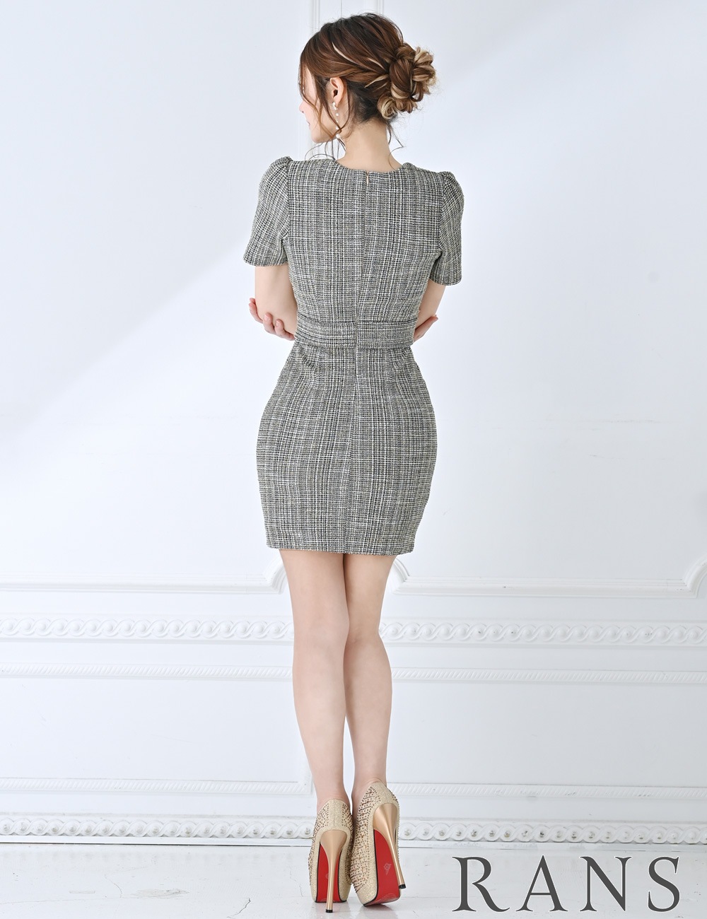 [即納][instock]【RANS】ミニ/ドレス/タイト/ワンピース/ベージュ/ツイード/半袖/フロントカットアウト