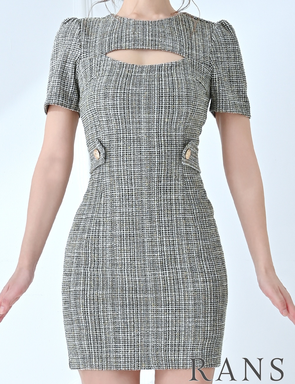 [即納][instock]【RANS】ミニ/ドレス/タイト/ワンピース/ベージュ/ツイード/半袖/フロントカットアウト