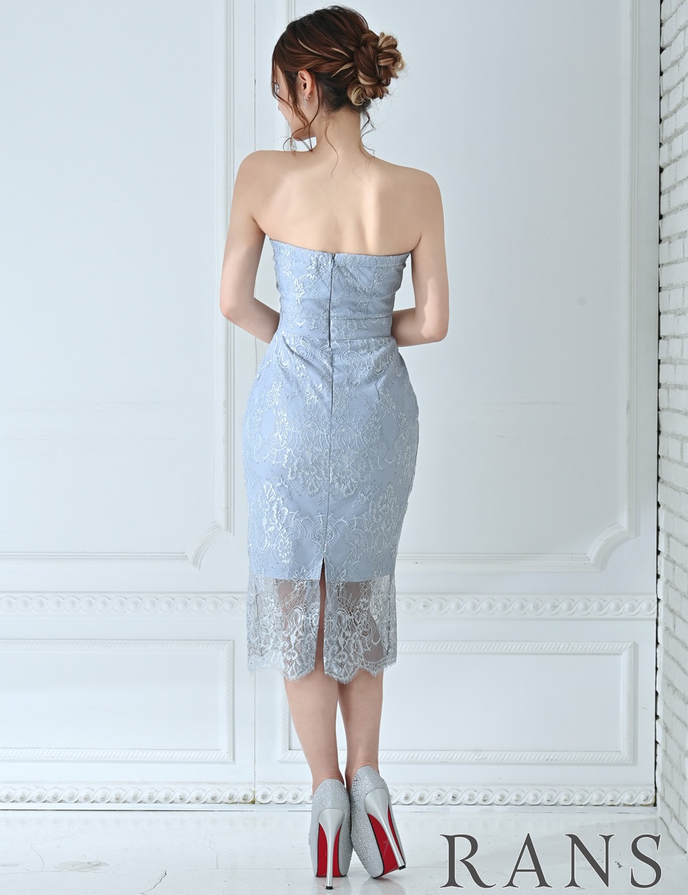 [Mのみ即納][instock]【RANS】丈長/ドレス/ワンピース/ブルー/グレー/レース/ベア/タイト