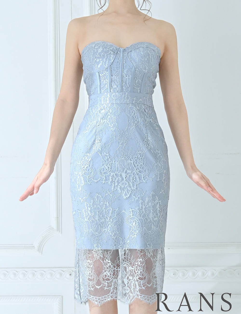 [Mのみ即納][instock]【RANS】丈長/ドレス/ワンピース/ブルー/グレー/レース/ベア/タイト