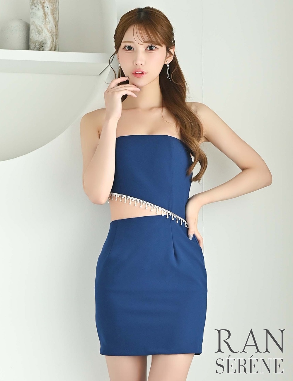[即納][instock]【RAN SERENE】ミニ/ドレス/ワンピース/ベア/タイト/ネイビー/ビジュー/カットアウト