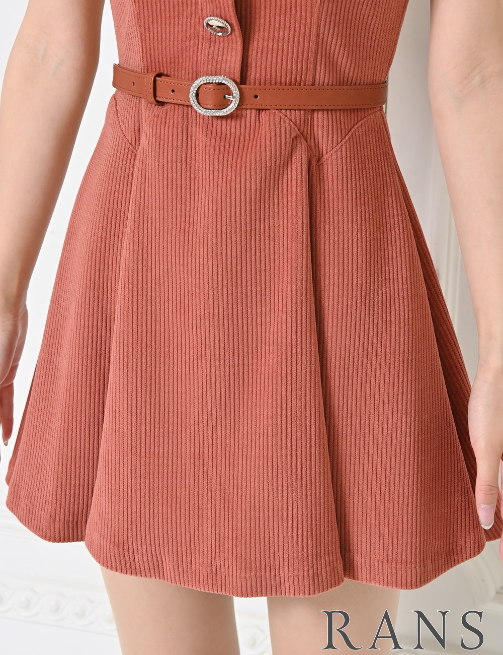 [Sのみ即納][instock]【RANS】ミニ/ドレス/ワンピース/オレンジ/襟付き/フレア/コーデュロイ