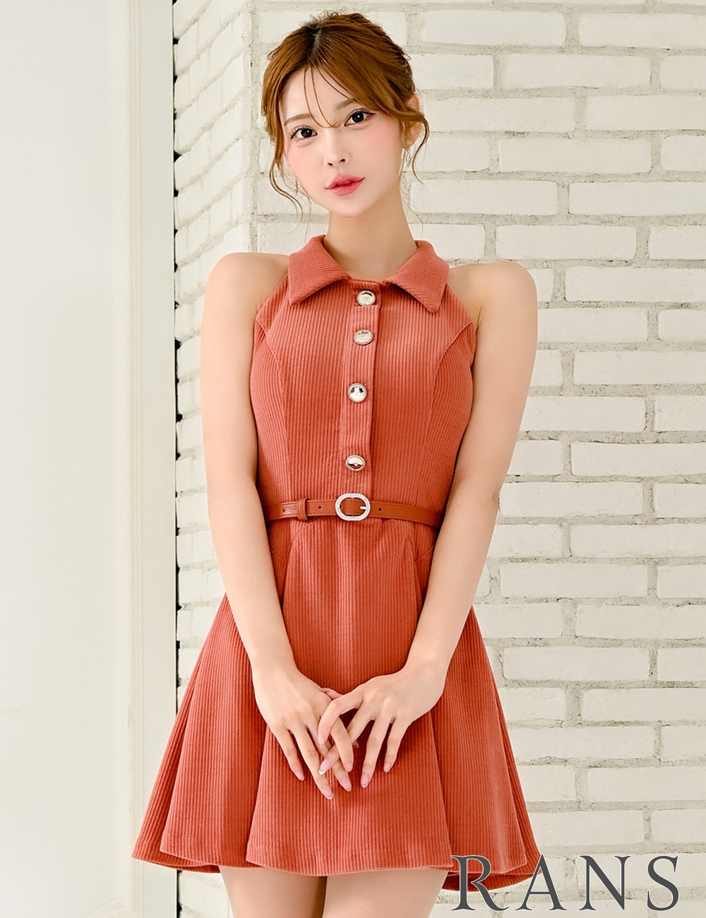 [Sのみ即納][instock]【RANS】ミニ/ドレス/ワンピース/オレンジ/襟付き/フレア/コーデュロイ