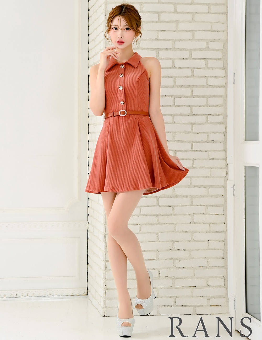 [Sのみ即納][instock]【RANS】ミニ/ドレス/ワンピース/オレンジ/襟付き/フレア/コーデュロイ