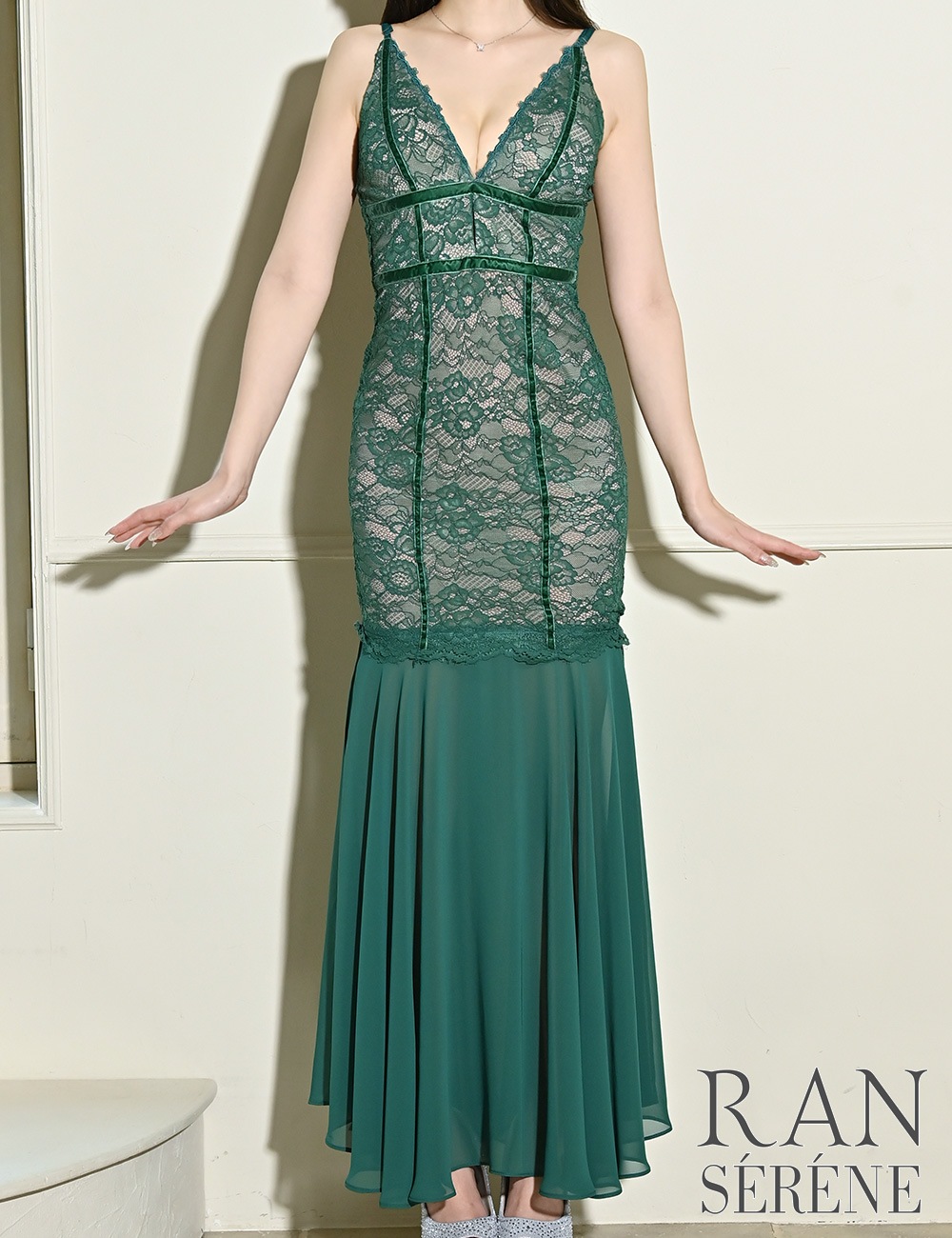 [即納][instock]【RAN SERENE】ロング/ドレス/ワンピース/グリーン/コルセット風/マーメイド/レース