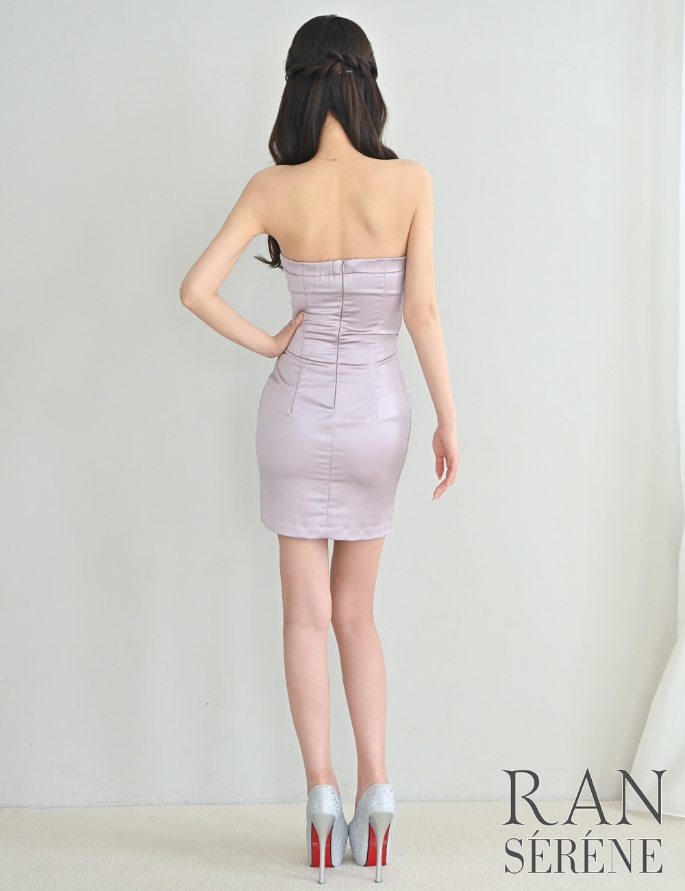 [即納][instock]【RAN SERENE】ミニ/ドレス/ワンピース/ピンク/ベア/タイト/サテン/カットアウト/ドレープ