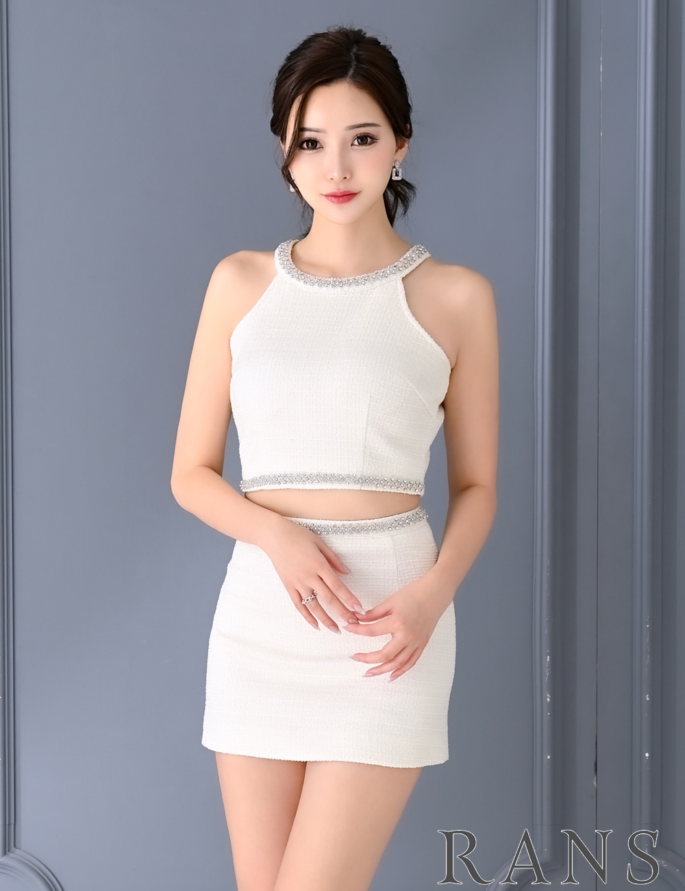 【RANS】ミニ/ドレス/セットアップ/フレア/ホワイト/ツイード/アメスリ/ビジュー