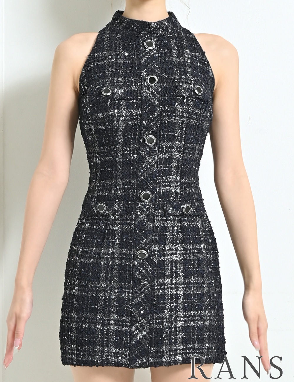 [Sのみ即納][instock]【RANS】ミニ/ドレス/ワンピース/ネイビー/アメスリ/タイト/ツイード/柄/チェック
