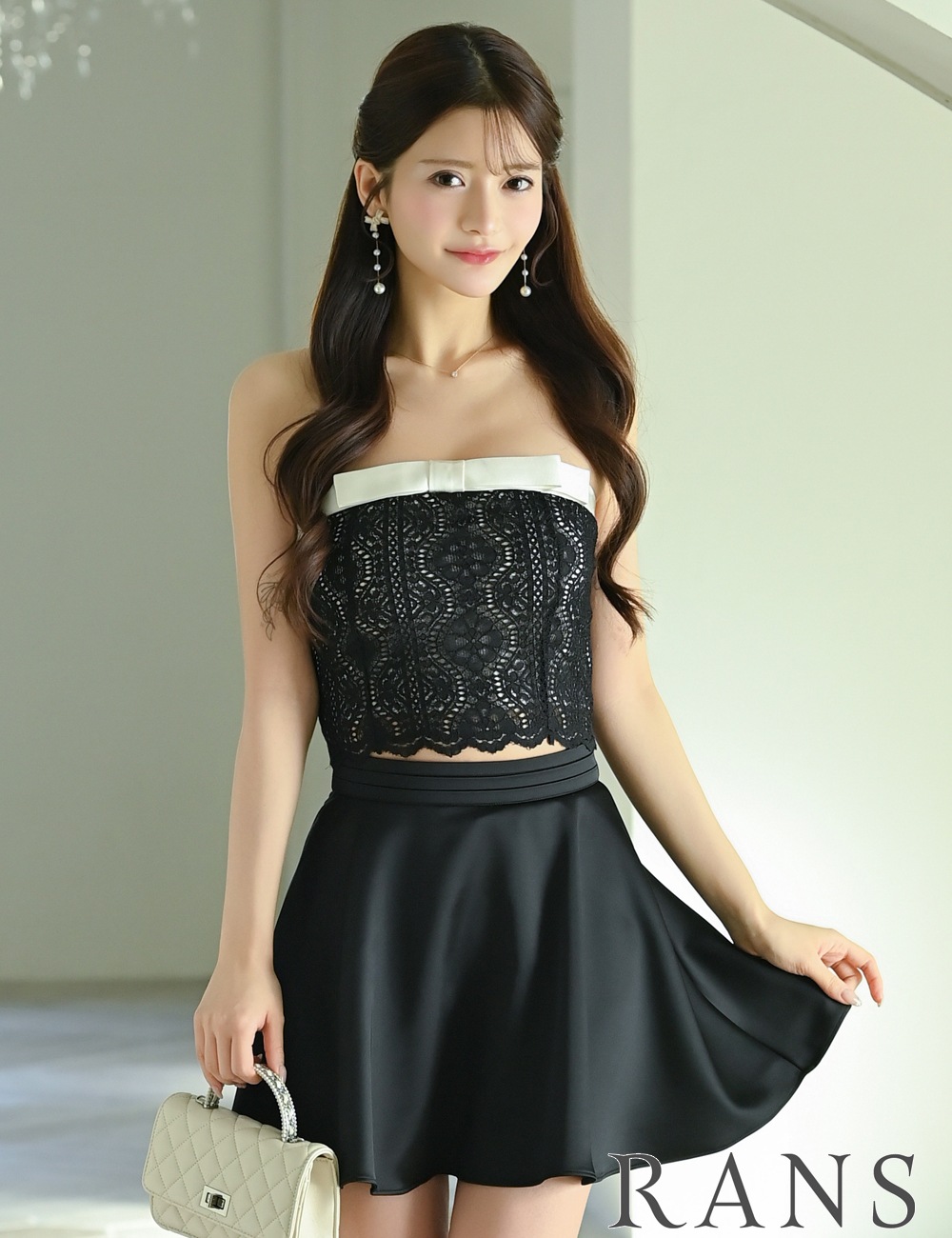 [即納][instock]【RAN SERENE】ミニ/ドレス/セットアップ/ブラック/ベア/フレア/レース/リボン