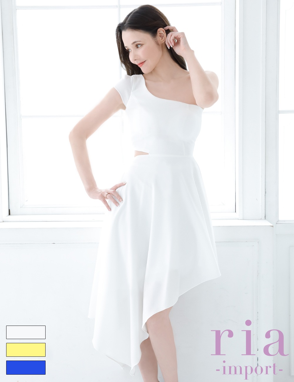 【ria】丈長/ドレス/ワンピース/アシメ/フレア/ホワイト/ワンショル/カットアウト