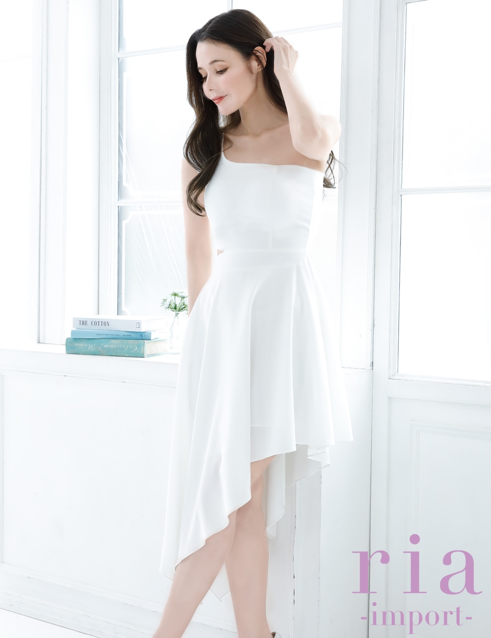 【ria】丈長/ドレス/ワンピース/アシメ/フレア/ホワイト/ワンショル/カットアウト