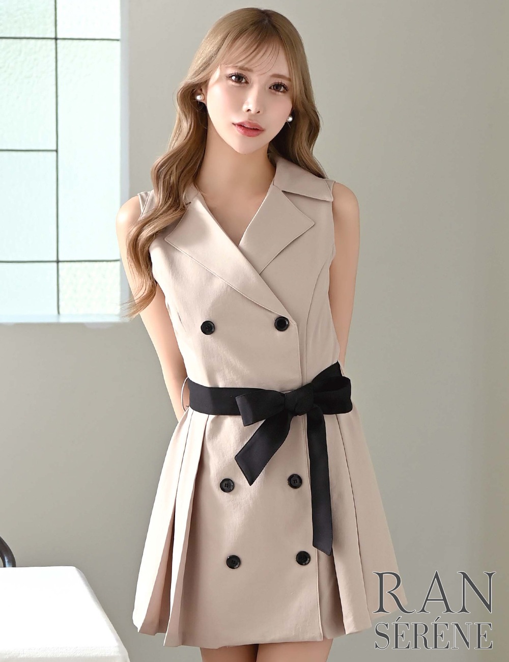[Mのみ即納][instock]【RAN SERENE】ミニ/ドレス/ワンピース/ベージュ/襟付き/フレア/リボン