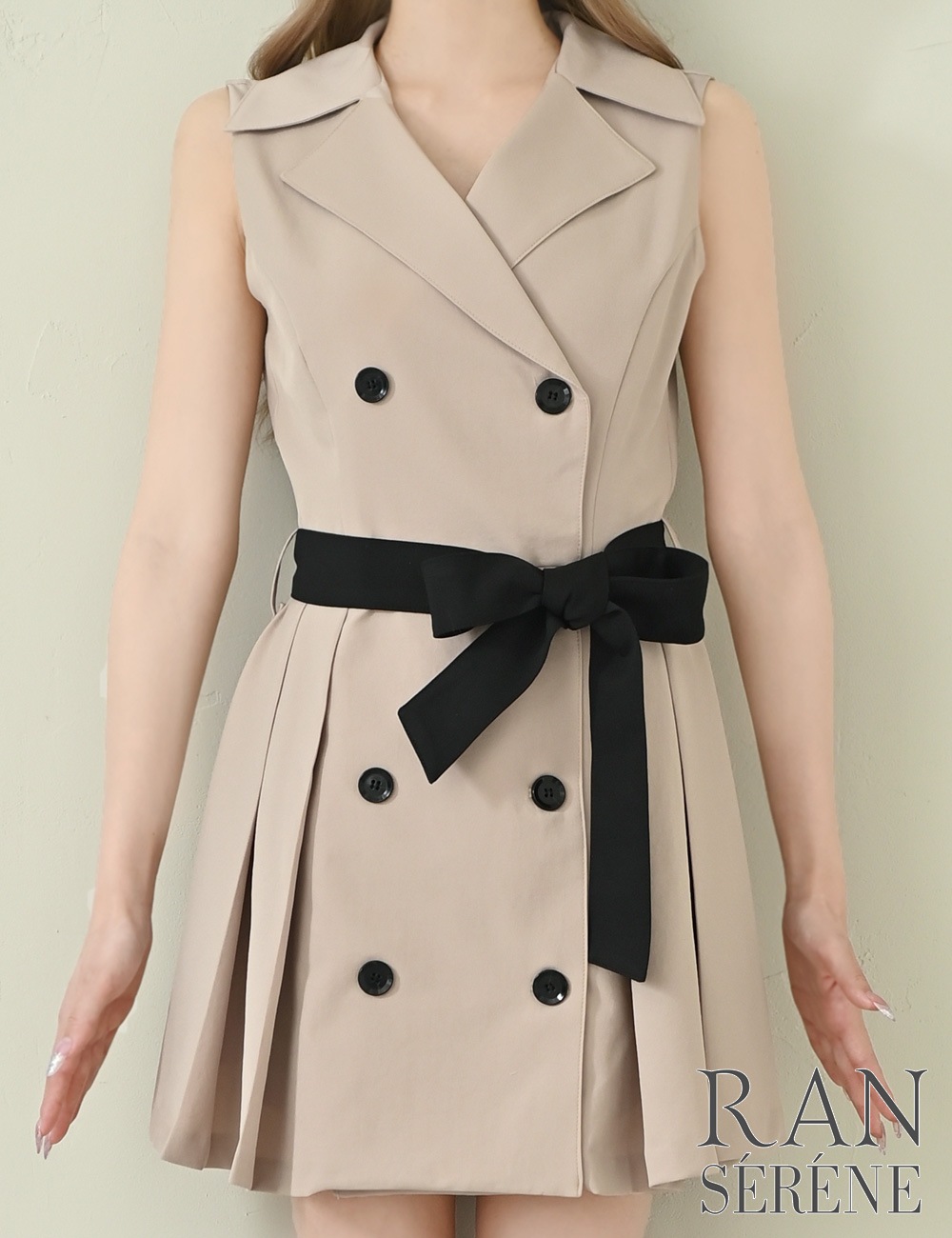 [Mのみ即納][instock]【RAN SERENE】ミニ/ドレス/ワンピース/ベージュ/襟付き/フレア/リボン