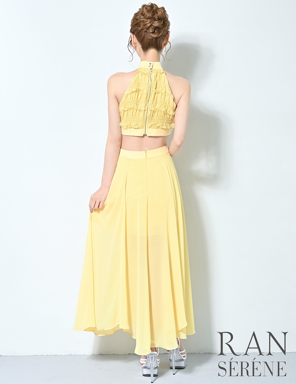[予約商品]【RAN SERENE】ロング/ドレス/ワンピース/イエロー/ホルターネック/フレア/サイドカットアウト/レース