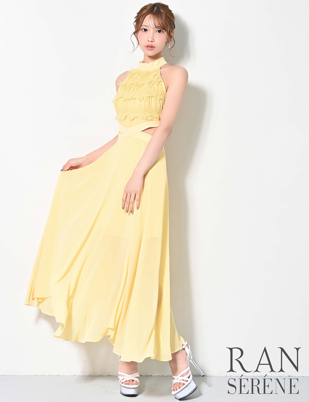 [予約商品]【RAN SERENE】ロング/ドレス/ワンピース/イエロー/ホルターネック/フレア/サイドカットアウト/レース