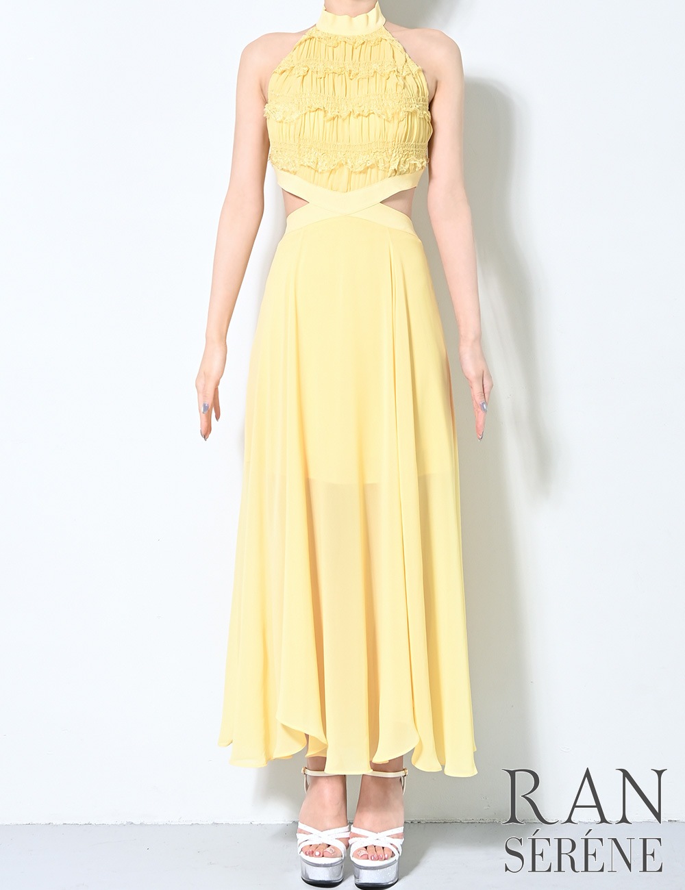 [予約商品]【RAN SERENE】ロング/ドレス/ワンピース/イエロー/ホルターネック/フレア/サイドカットアウト/レース