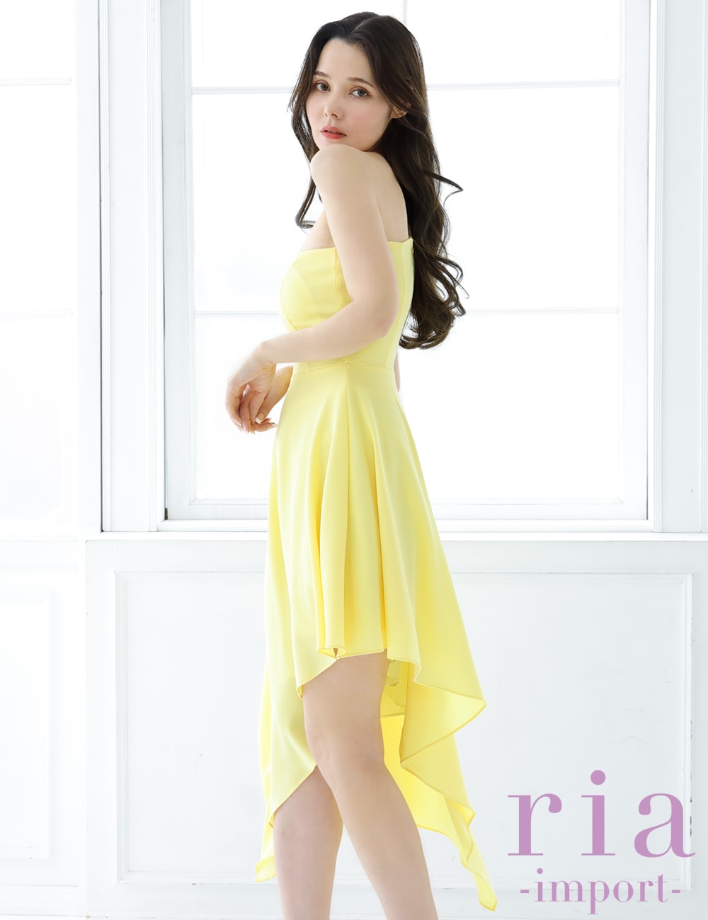 【ria】丈長/ドレス/ワンピース/アシメ/フレア/イエロー/ワンショル/カットアウト