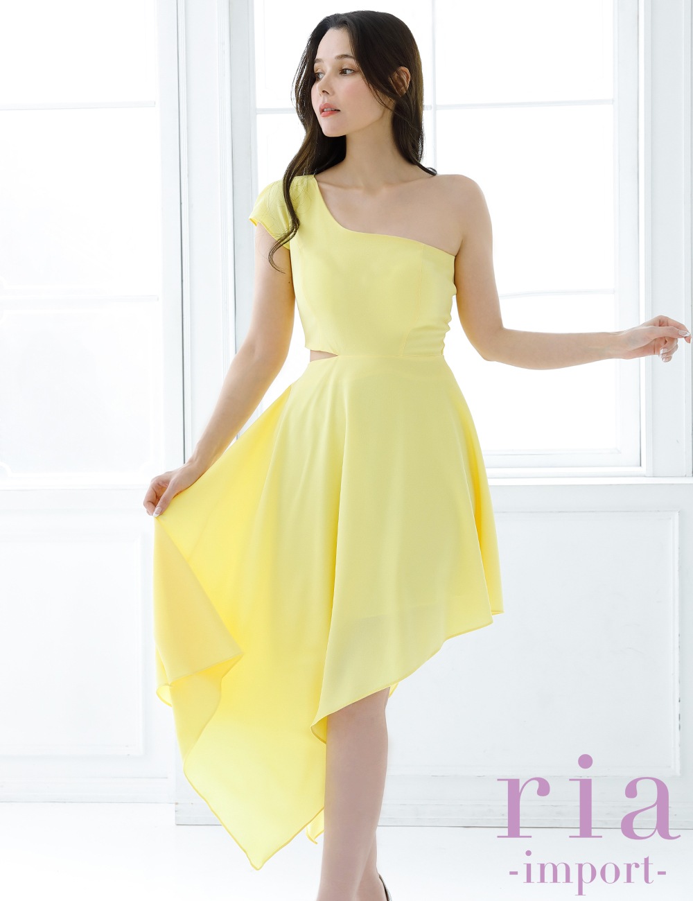 【ria】丈長/ドレス/ワンピース/アシメ/フレア/イエロー/ワンショル/カットアウト