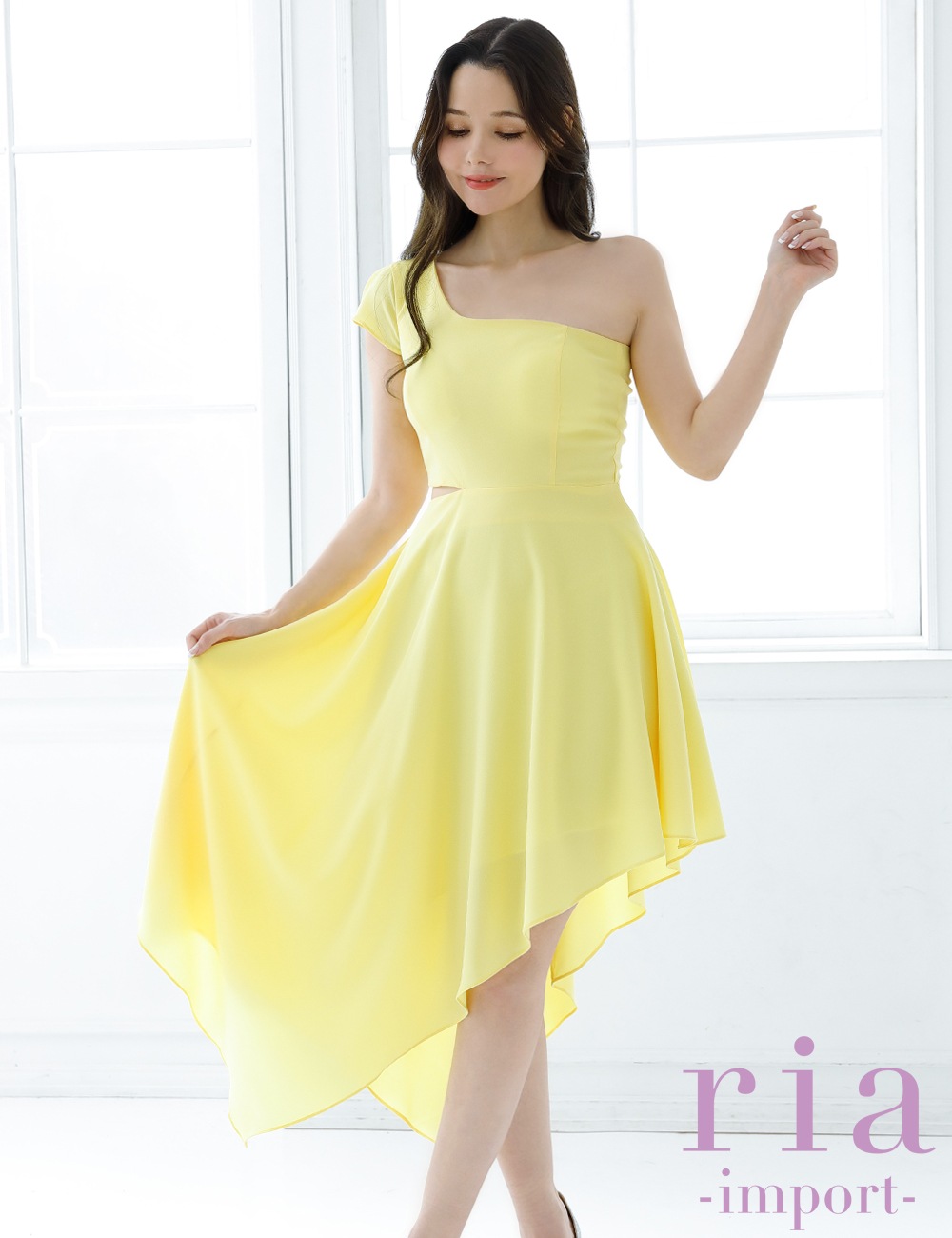 【ria】丈長/ドレス/ワンピース/アシメ/フレア/イエロー/ワンショル/カットアウト