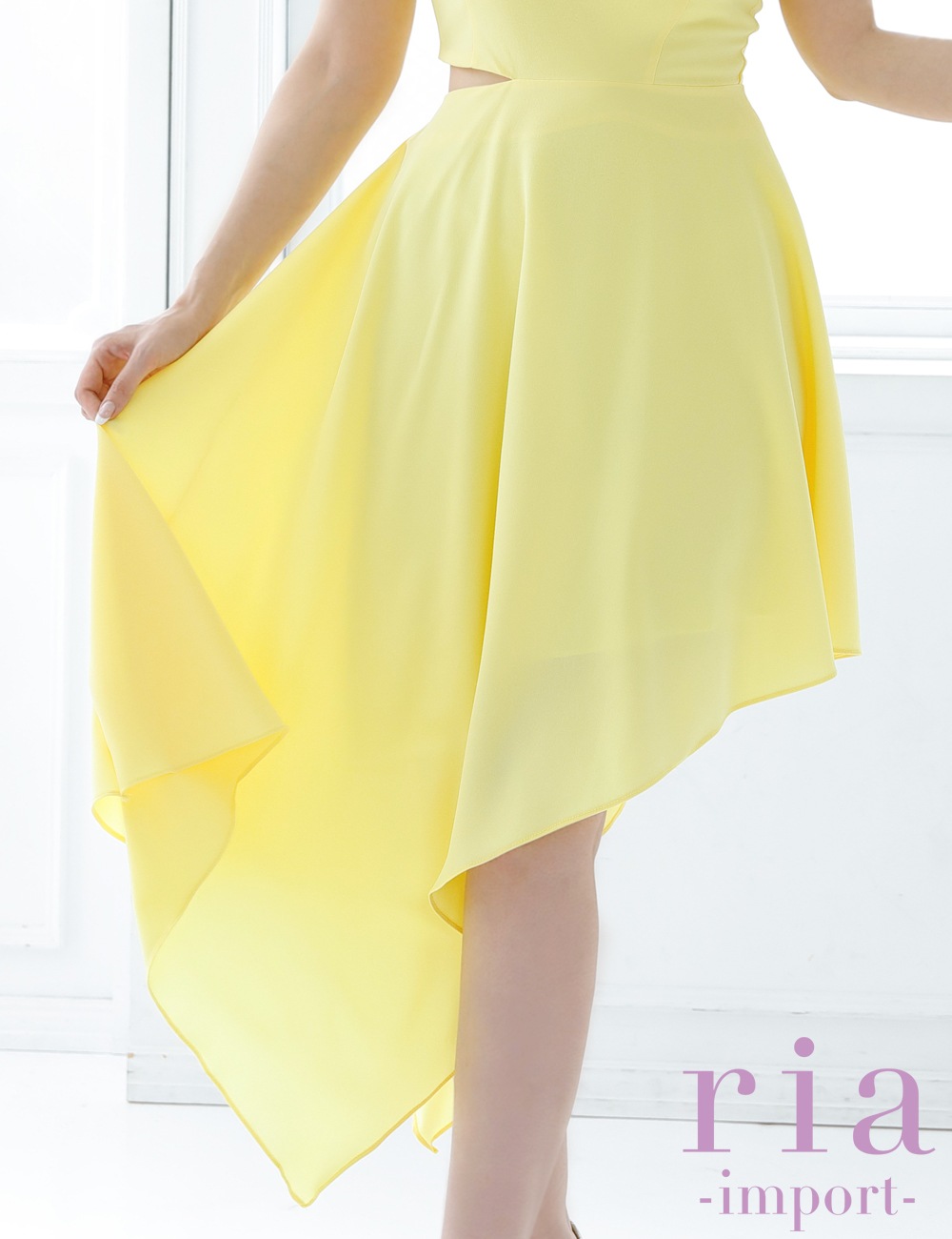 【ria】丈長/ドレス/ワンピース/アシメ/フレア/イエロー/ワンショル/カットアウト