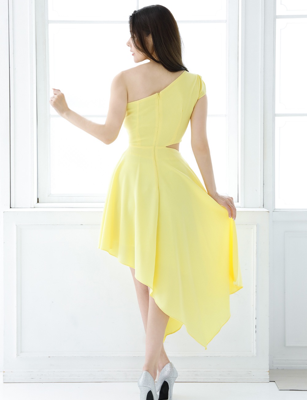 【ria】丈長/ドレス/ワンピース/アシメ/フレア/イエロー/ワンショル/カットアウト
