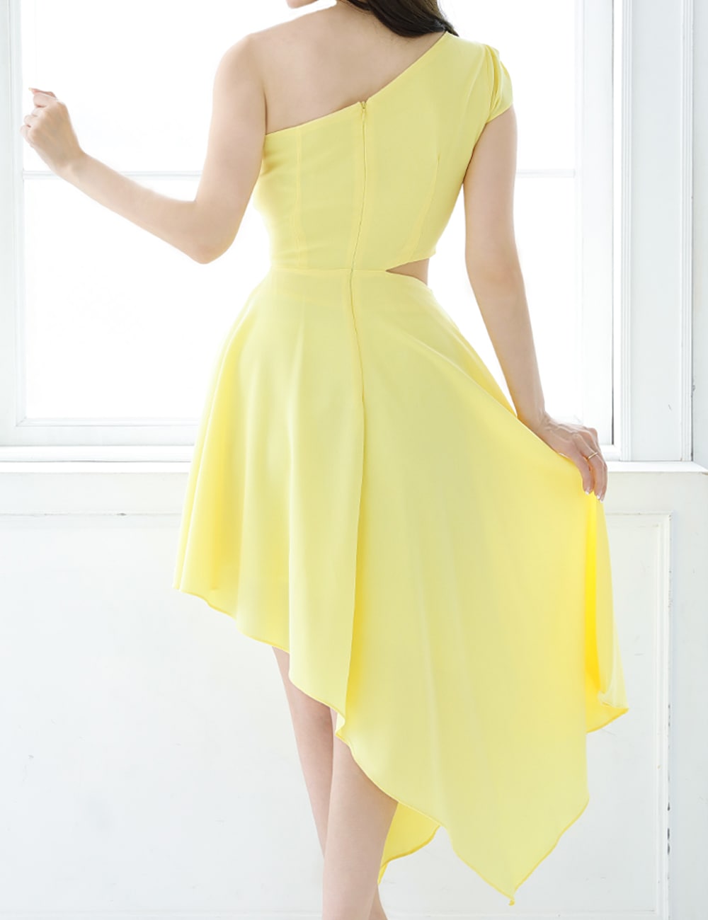 【ria】丈長/ドレス/ワンピース/アシメ/フレア/イエロー/ワンショル/カットアウト