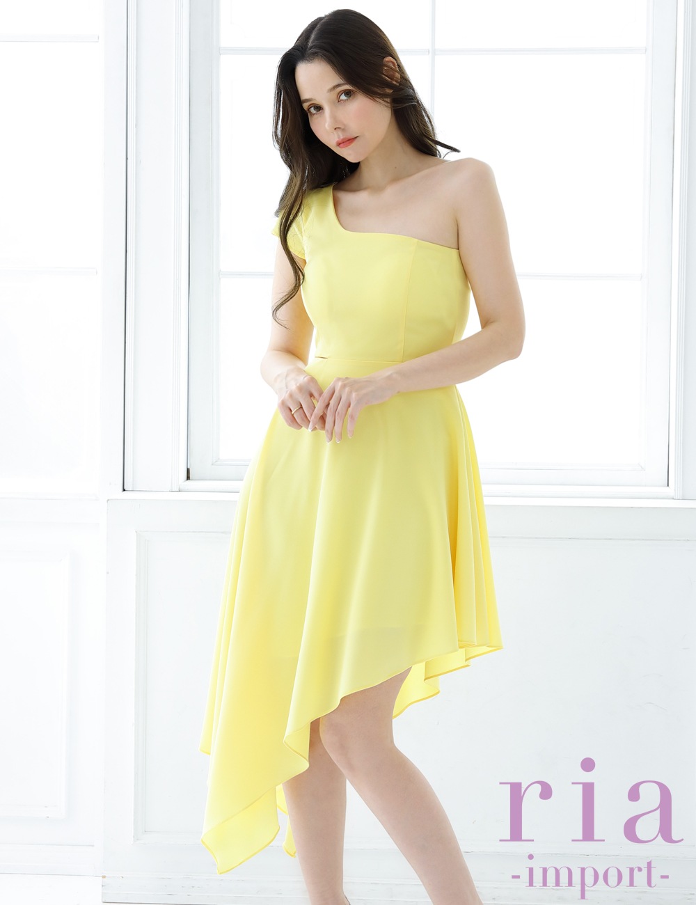 【ria】丈長/ドレス/ワンピース/アシメ/フレア/イエロー/ワンショル/カットアウト