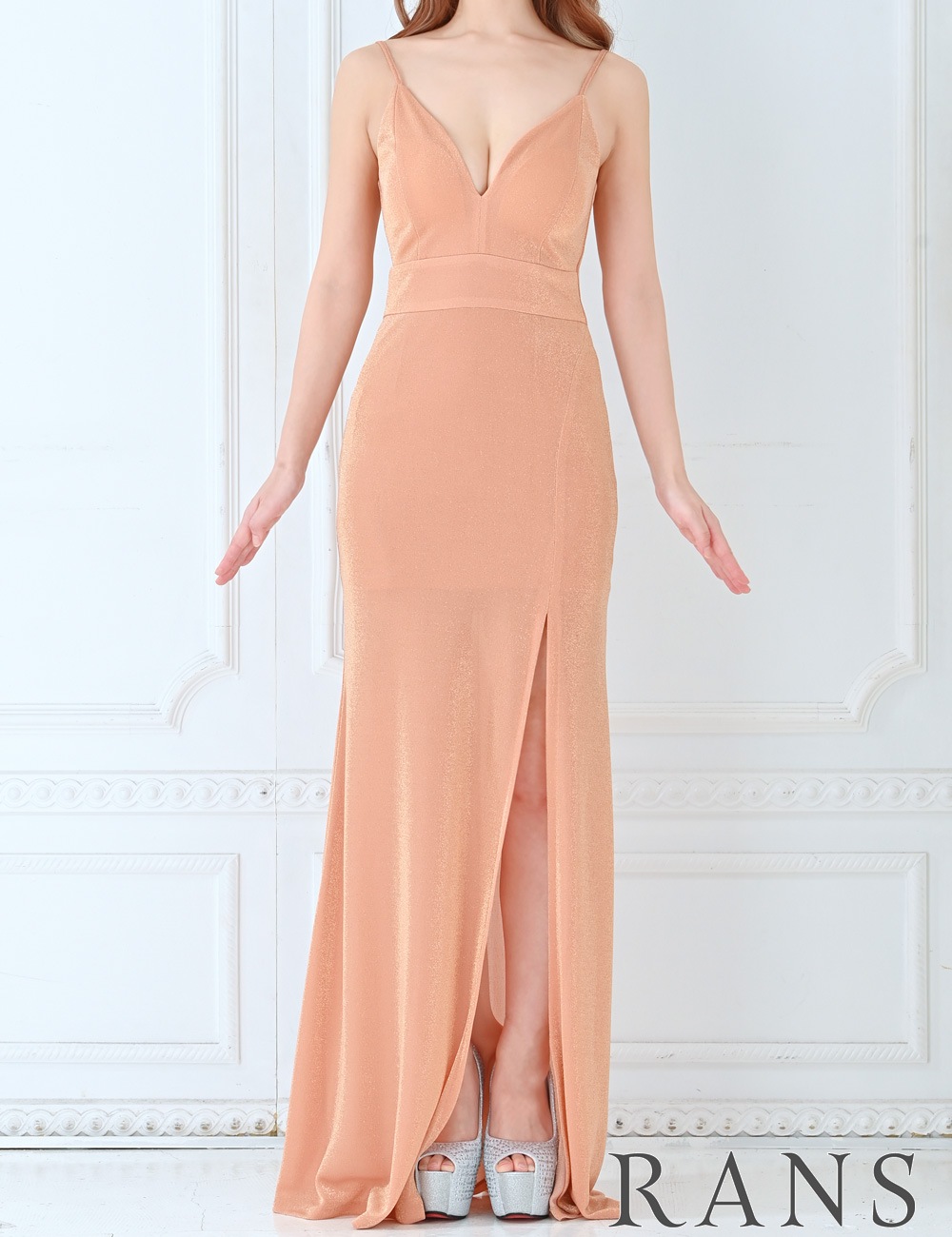 [Mのみ即納][instock]【RANS】ロング/ドレス/ワンピース/オレンジ/キャミ/前スリット