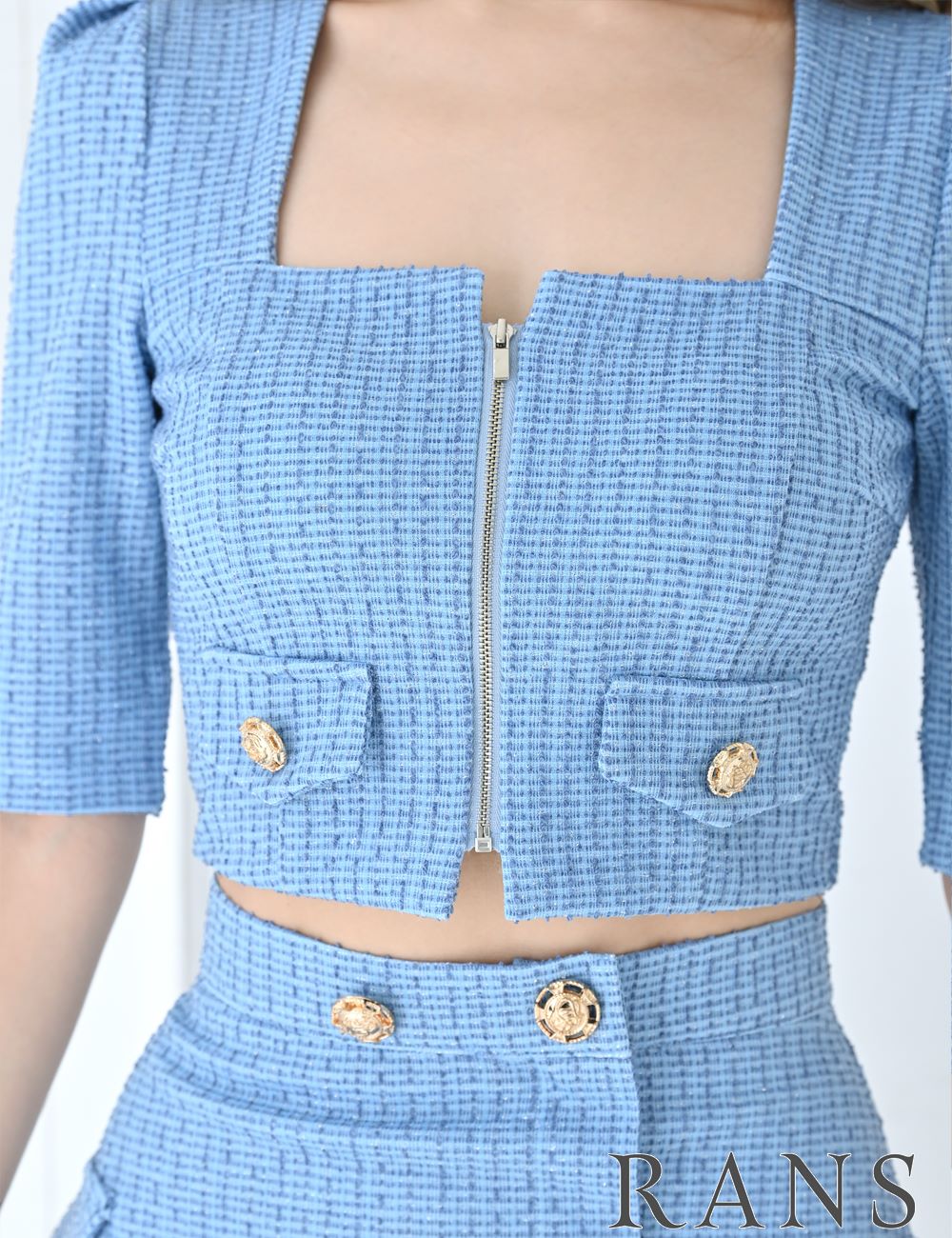 [Sのみ即納][instock]【RANS】ミニ/ドレス/セットアップ/フレア/ブルー/七分袖