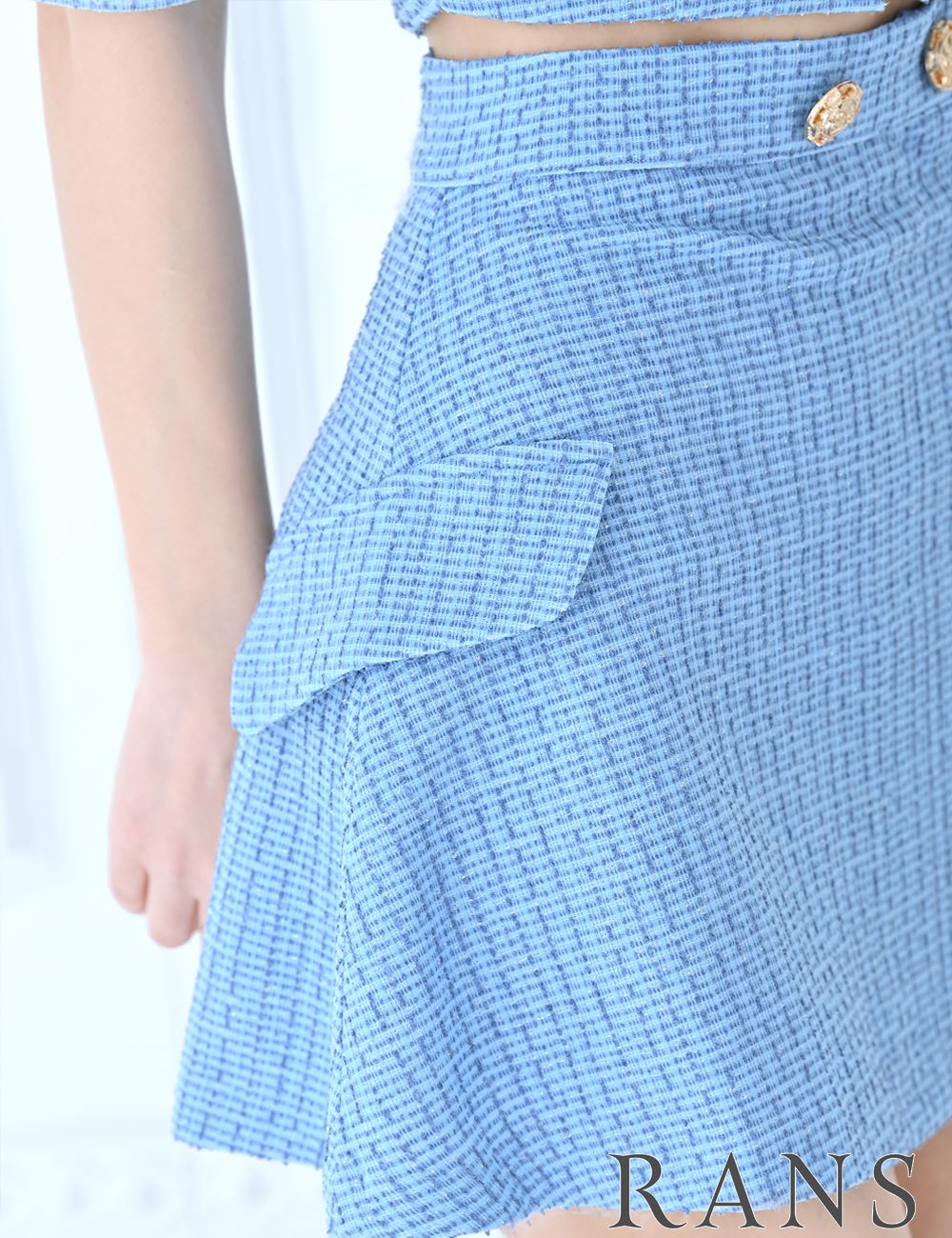 [Sのみ即納][instock]【RANS】ミニ/ドレス/セットアップ/フレア/ブルー/七分袖