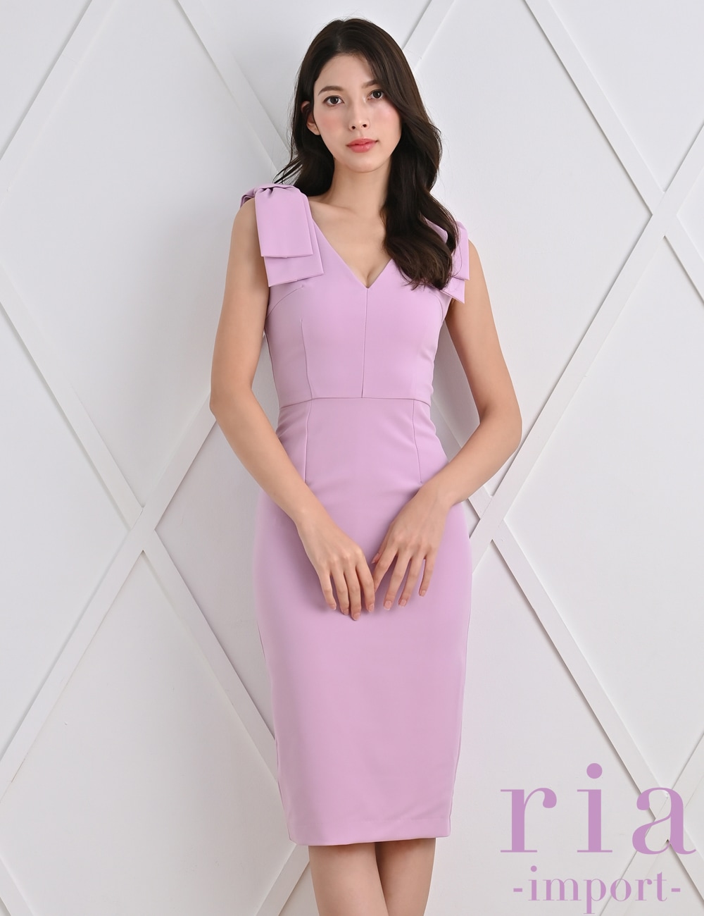 ria】丈長/ドレス/タイト/ワンピース/パープル/リボン/ノースリーブ