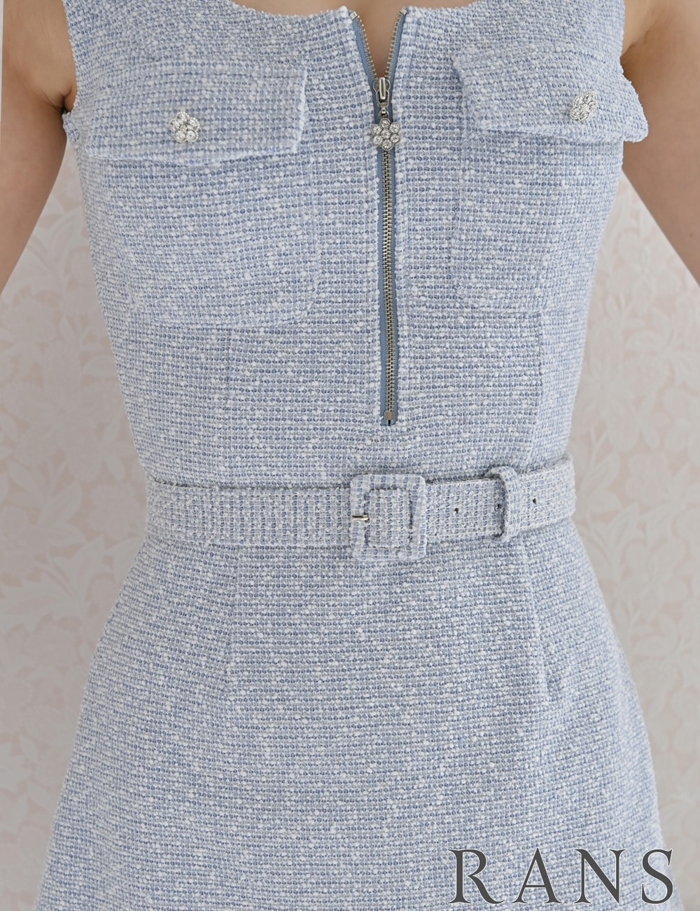 [Sのみ即納][instock]【RANS】ミニ/ドレス/ワンピース/フレア/ツイード/ブルー/フロントファスナー/ベルト付き