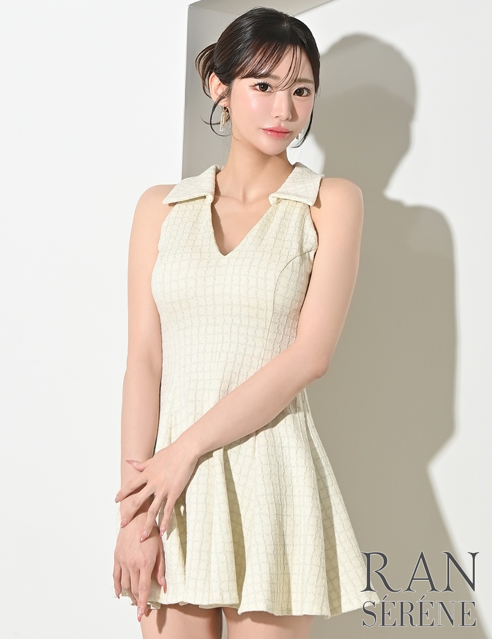 [即納][instock]【RAN SERENE】ミニ/ドレス/ワンピース/ホワイト/襟付き/フレア/柄/チェック