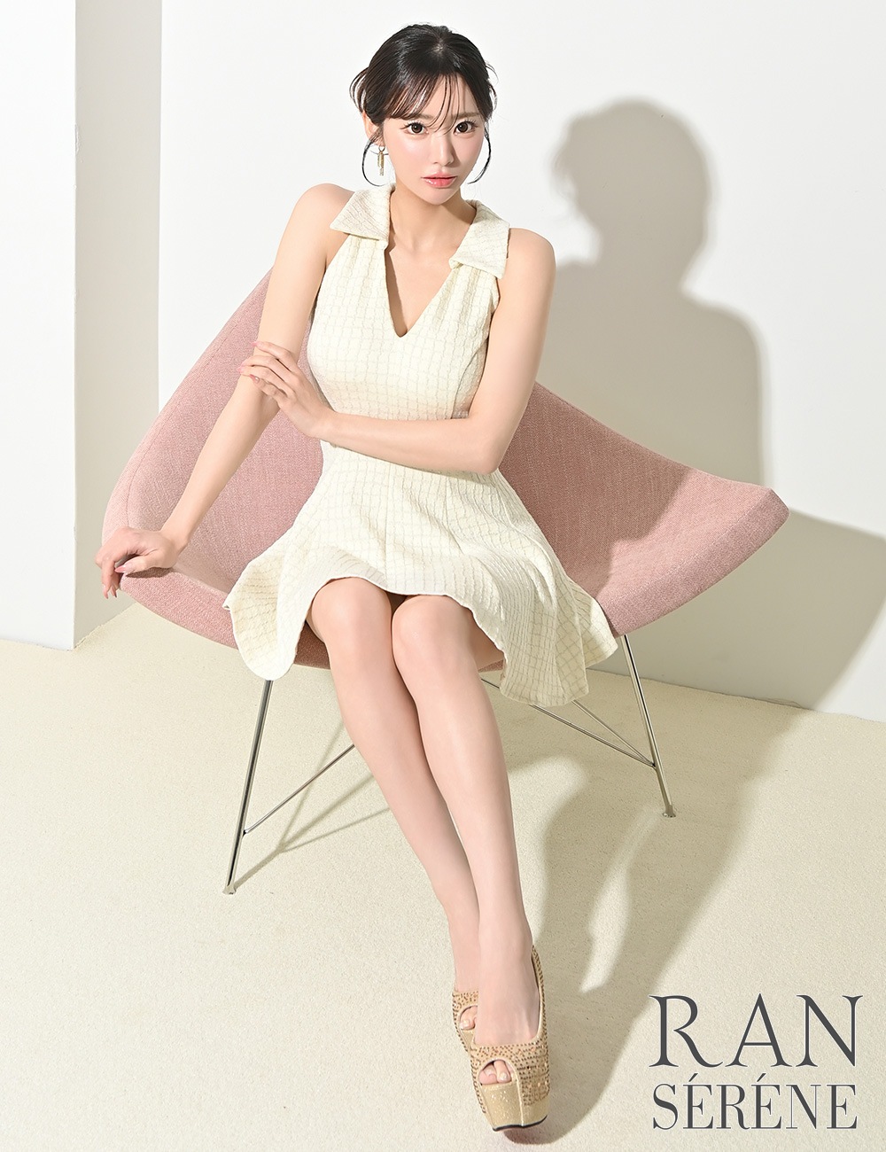 [即納][instock]【RAN SERENE】ミニ/ドレス/ワンピース/ホワイト/襟付き/フレア/柄/チェック