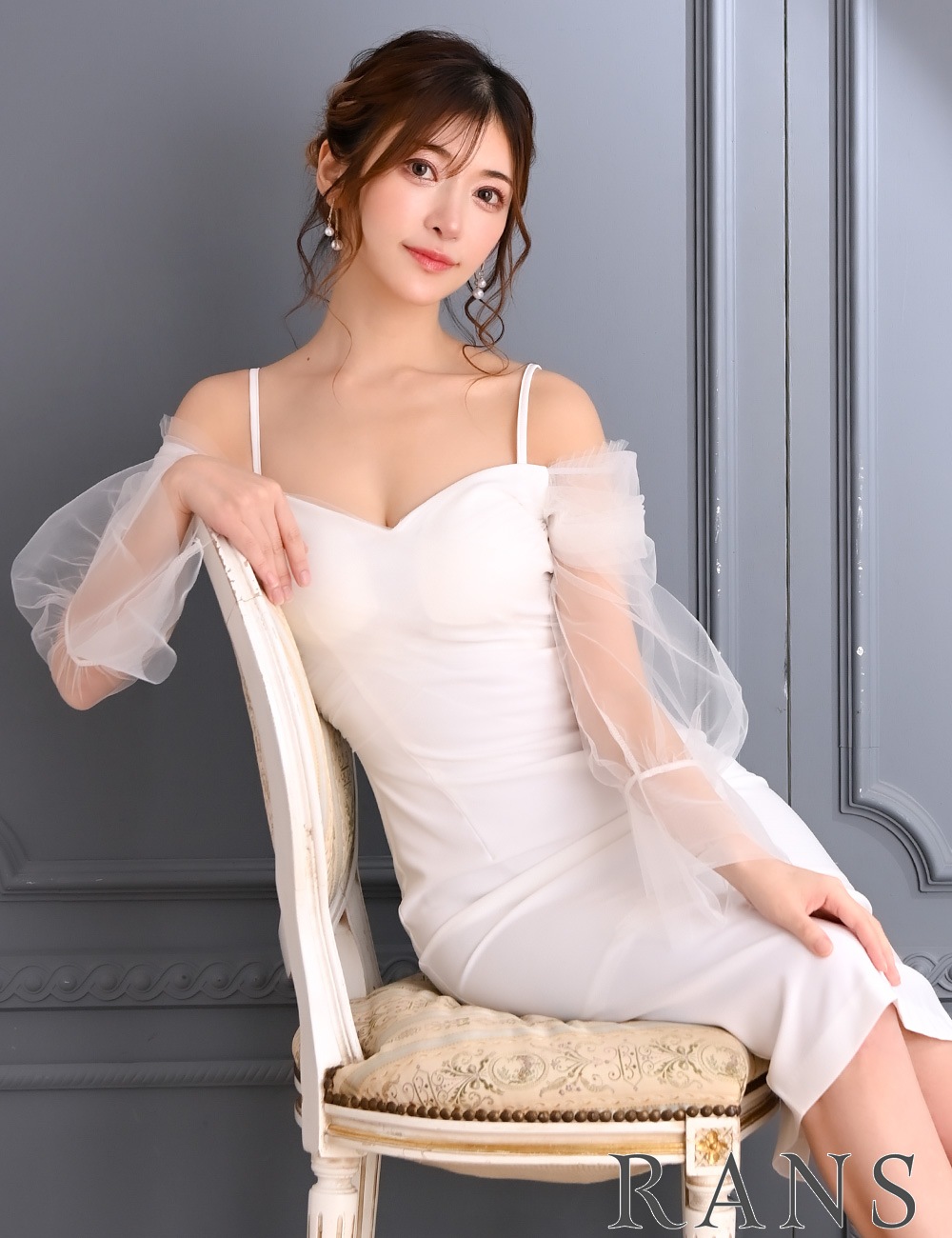 [Sのみ即納][instock]【RANS】丈長/ドレス/ワンピース/ホワイト/カシュクール/長袖/チュール/タイト