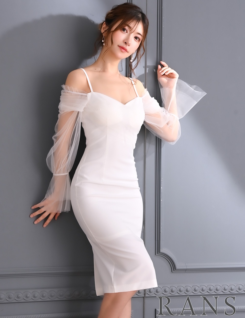 [Sのみ即納][instock]【RANS】丈長/ドレス/ワンピース/ホワイト/カシュクール/長袖/チュール/タイト