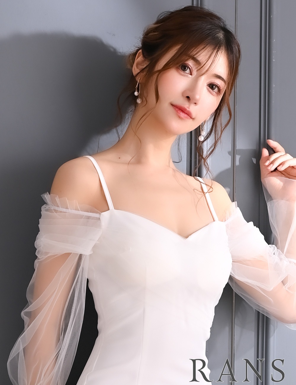 [Sのみ即納][instock]【RANS】丈長/ドレス/ワンピース/ホワイト/カシュクール/長袖/チュール/タイト