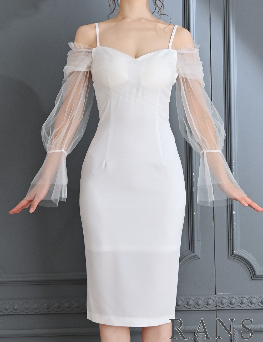 [Sのみ即納][instock]【RANS】丈長/ドレス/ワンピース/ホワイト/カシュクール/長袖/チュール/タイト