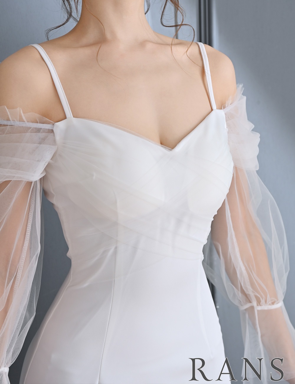 [Sのみ即納][instock]【RANS】丈長/ドレス/ワンピース/ホワイト/カシュクール/長袖/チュール/タイト