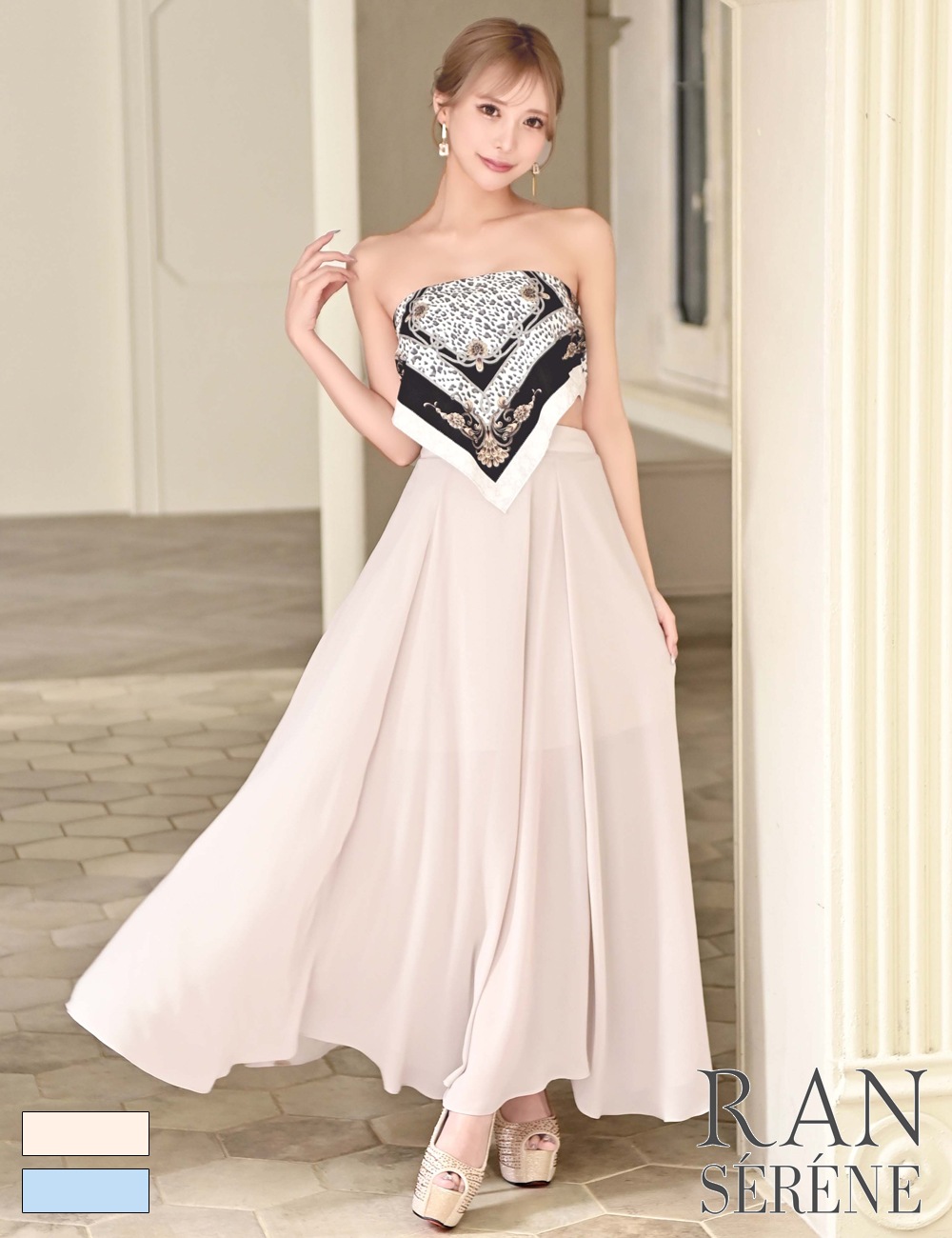 [予約商品]【RAN SERENE】ロング/ドレス/ワンピース/ベージュ/ベア/フレア/サイドカットアウト/柄/スカーフ