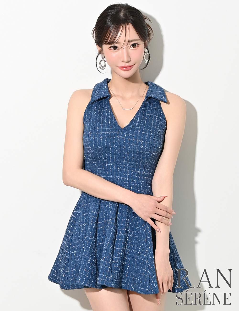 [即納][instock]【RAN SERENE】ミニ/ドレス/ワンピース/ブルー/ネイビー/襟付き/フレア/柄/チェック