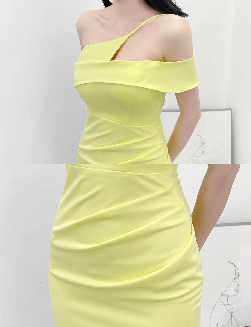 【AIDMAX】丈長/ドレス/ワンピース/タイト/ワンショル/イエロー/ドレープ/キャミ