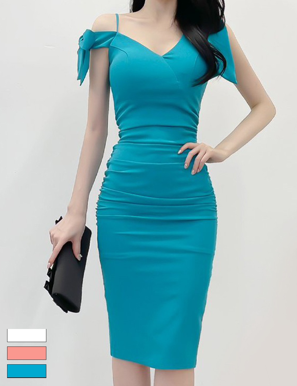 [instock]【AIDMAX】丈長/ドレス/ワンピース/タイト/キャミドレス/ワンショル/スリッド/ブルー