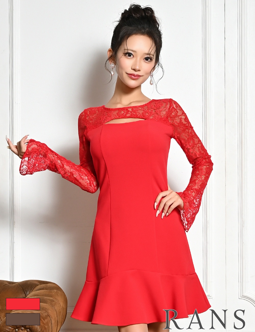即納][instock]【RANS】ミニ/ドレス/ワンピース/レッド/袖あり/長袖