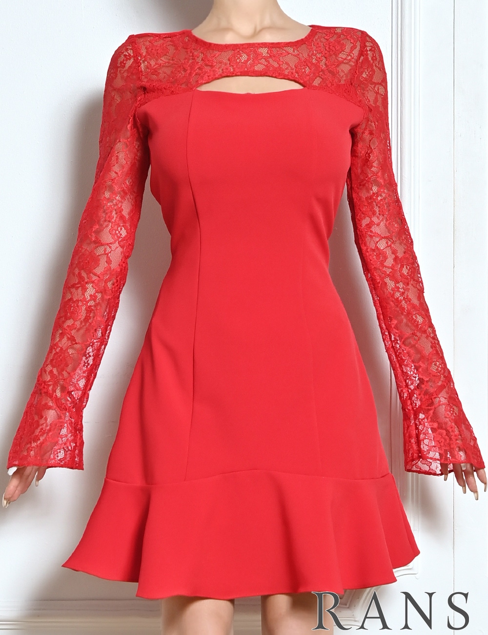 即納][instock]【RANS】ミニ/ドレス/ワンピース/レッド/袖あり/長袖