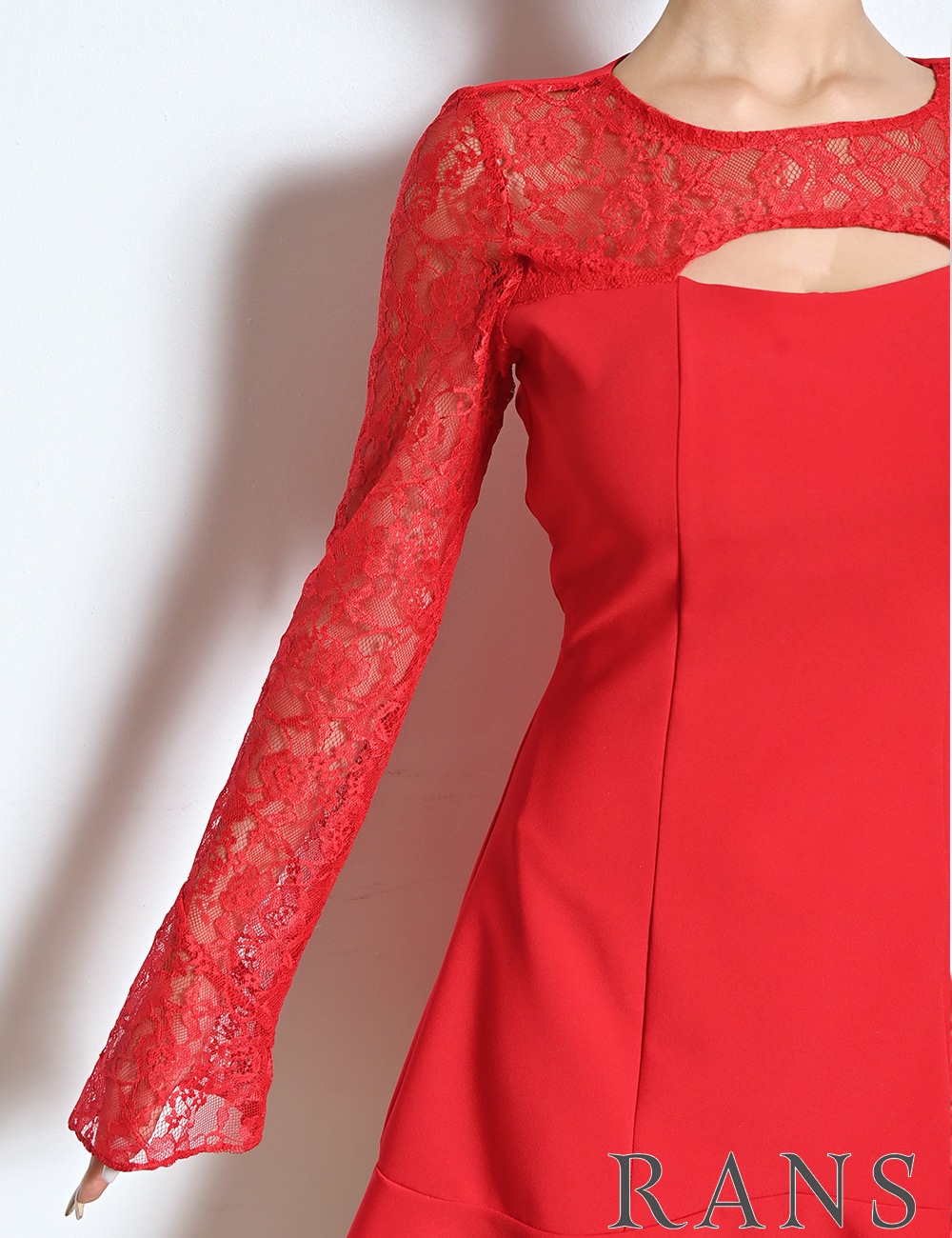 [即納][instock]【RANS】ミニ/ドレス/ワンピース/レッド/袖あり/長袖/フレア/レース