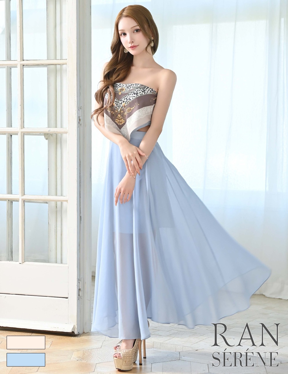 [即納][instock]【RAN SERENE】ロング/ドレス/ワンピース/ブルー/ベア/フレア/サイドカットアウト/柄/スカーフ